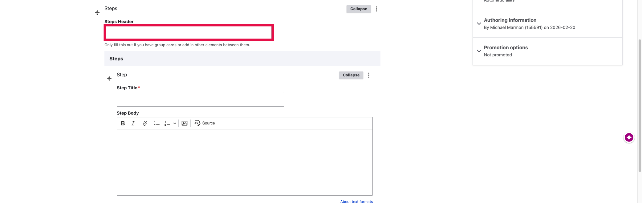 Add Steps - Section Header Selected