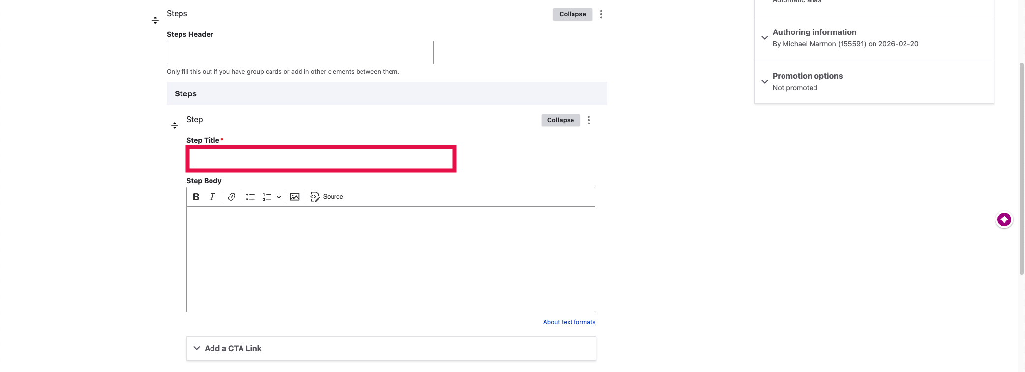 Add Steps - Add Step Title Selected