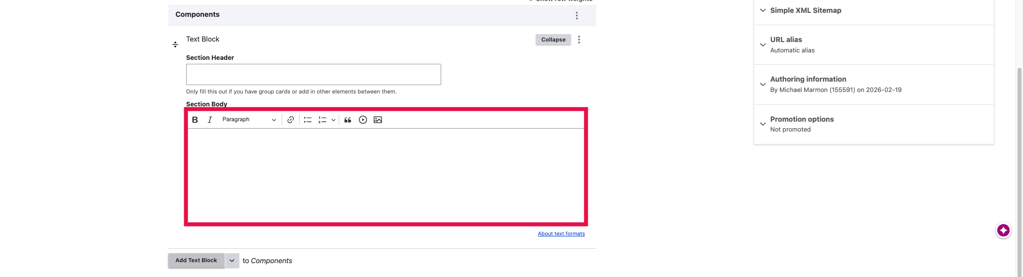 Add Text Block - Section Body Selected