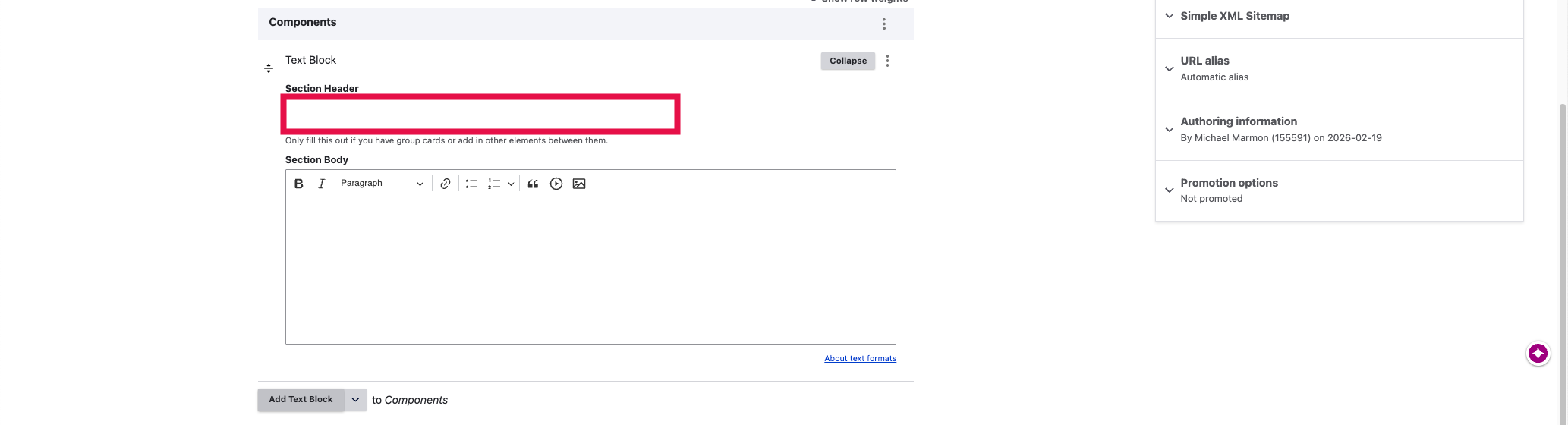 Add Text Block - Section Header Selected