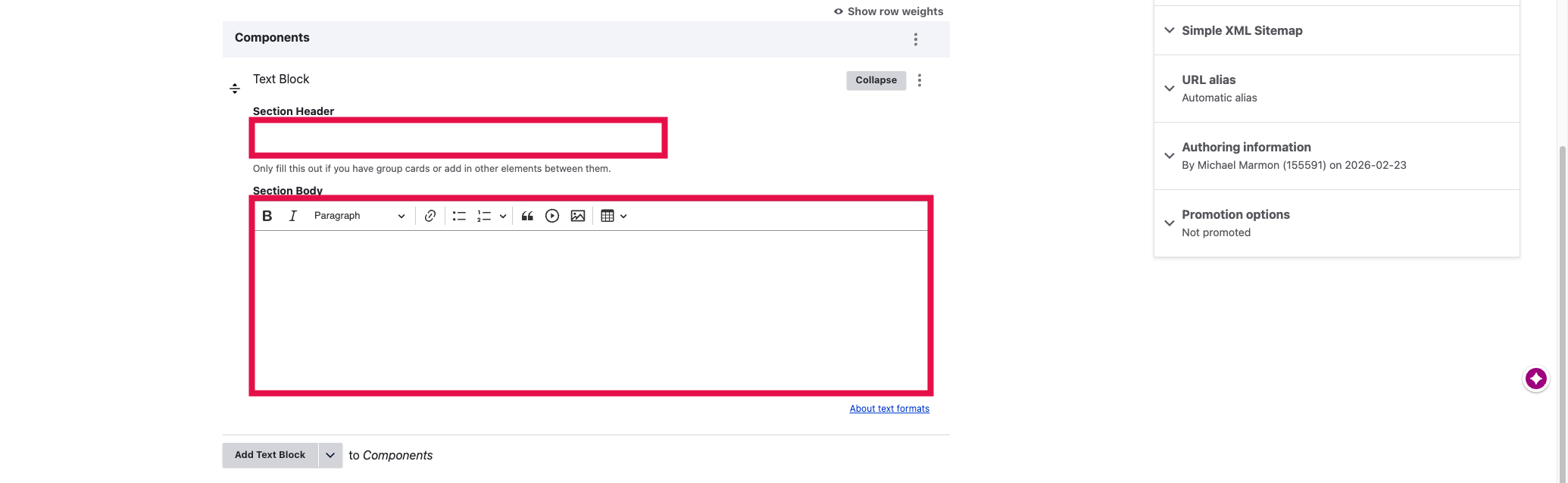How-To Page - Section Title and Body Selected