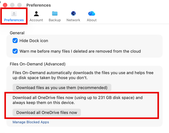 OneDrive Mac options to make everything available offline or not