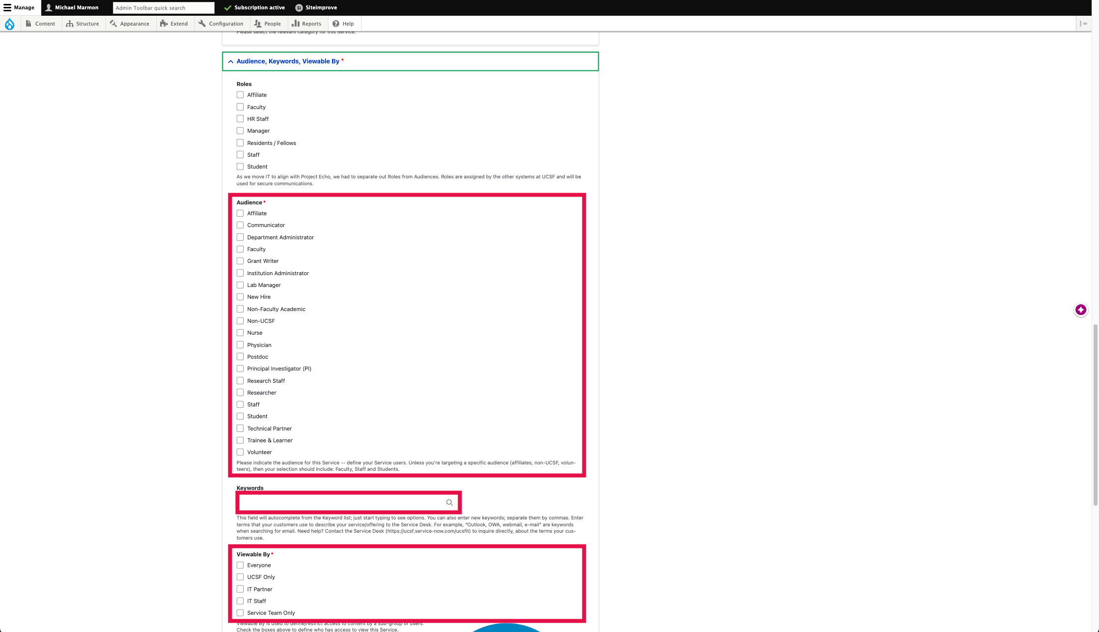 Service Page - Audience, Keywords, Viewable By Selected