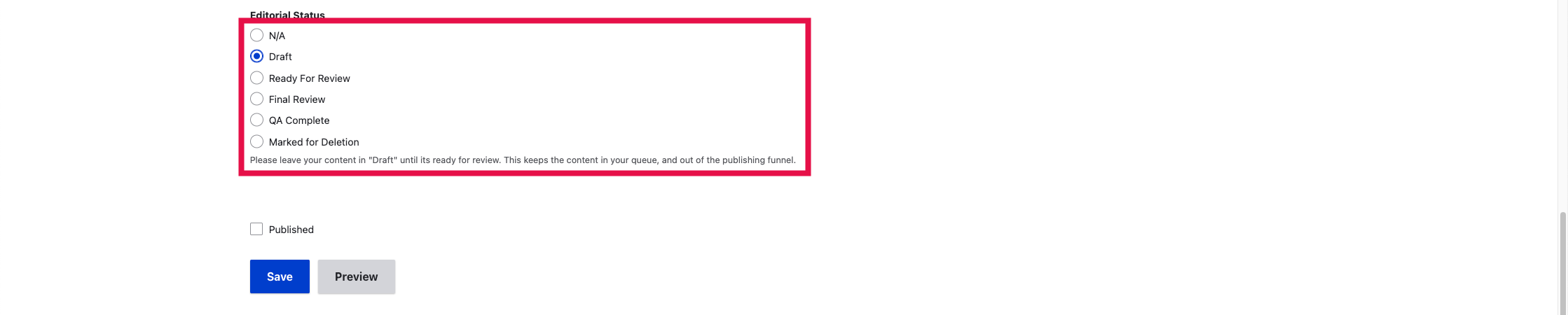 Service Page - Editorial Status Selected