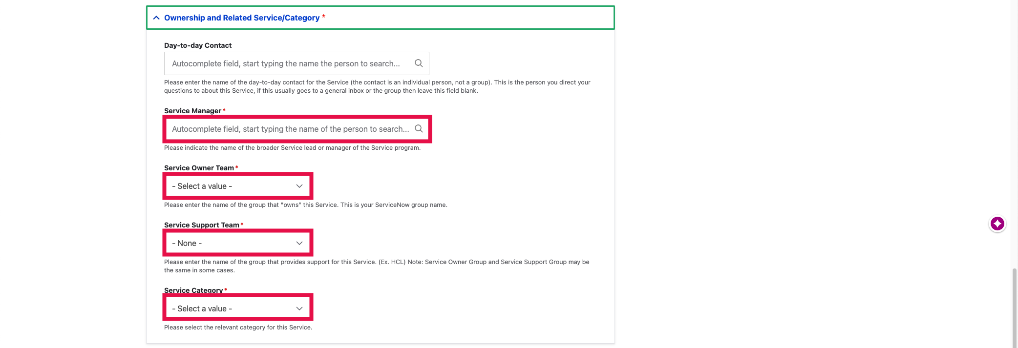 Service Page - Ownership and Related Service Selected