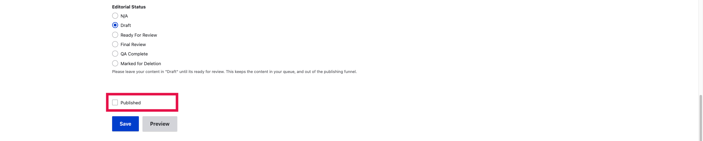 Service Page - Published Checkbox Selected