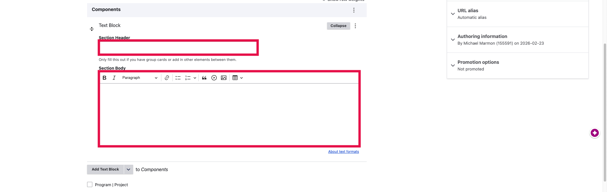 Service Page - Section Header and Body Selected