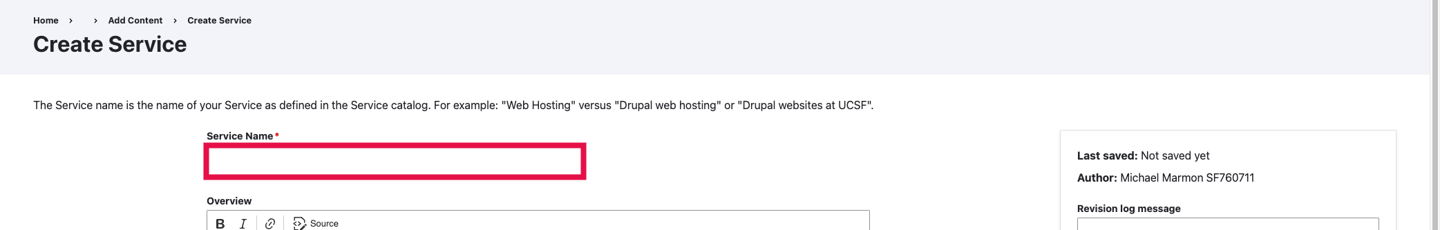 Service Page - Service Name Selected