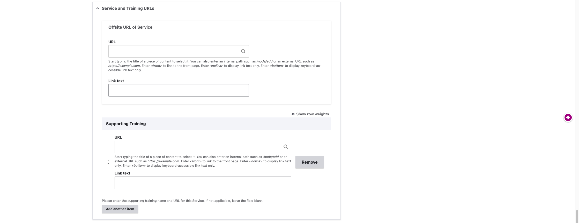 Service Page - Service and Training URLs Section