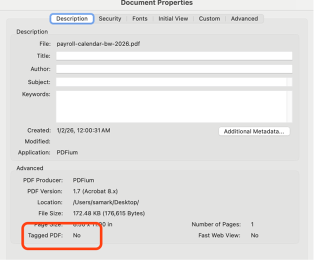 Screenshot of PDF document properties window highlighting the ‘Tagged PDF: No’ field, showing where to check if a PDF is tagged for accessibility.
