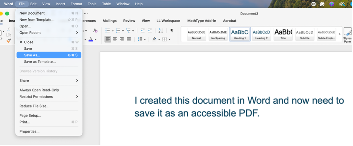 Screenshot of Microsoft Word with the File menu open and ‘Save As’ selected to begin exporting the document.