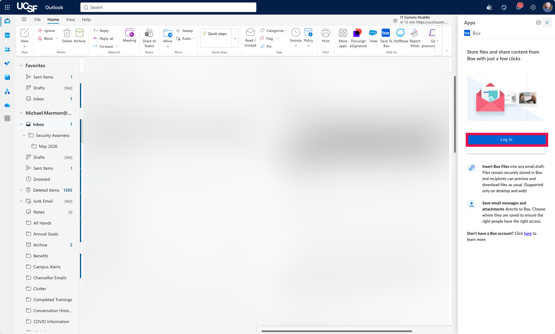 Box for Outlook - Log In selected