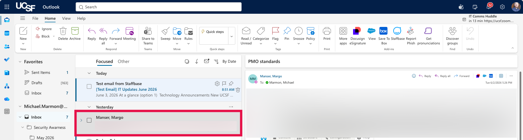 Box for Outlook - An existing message selected in Outlook