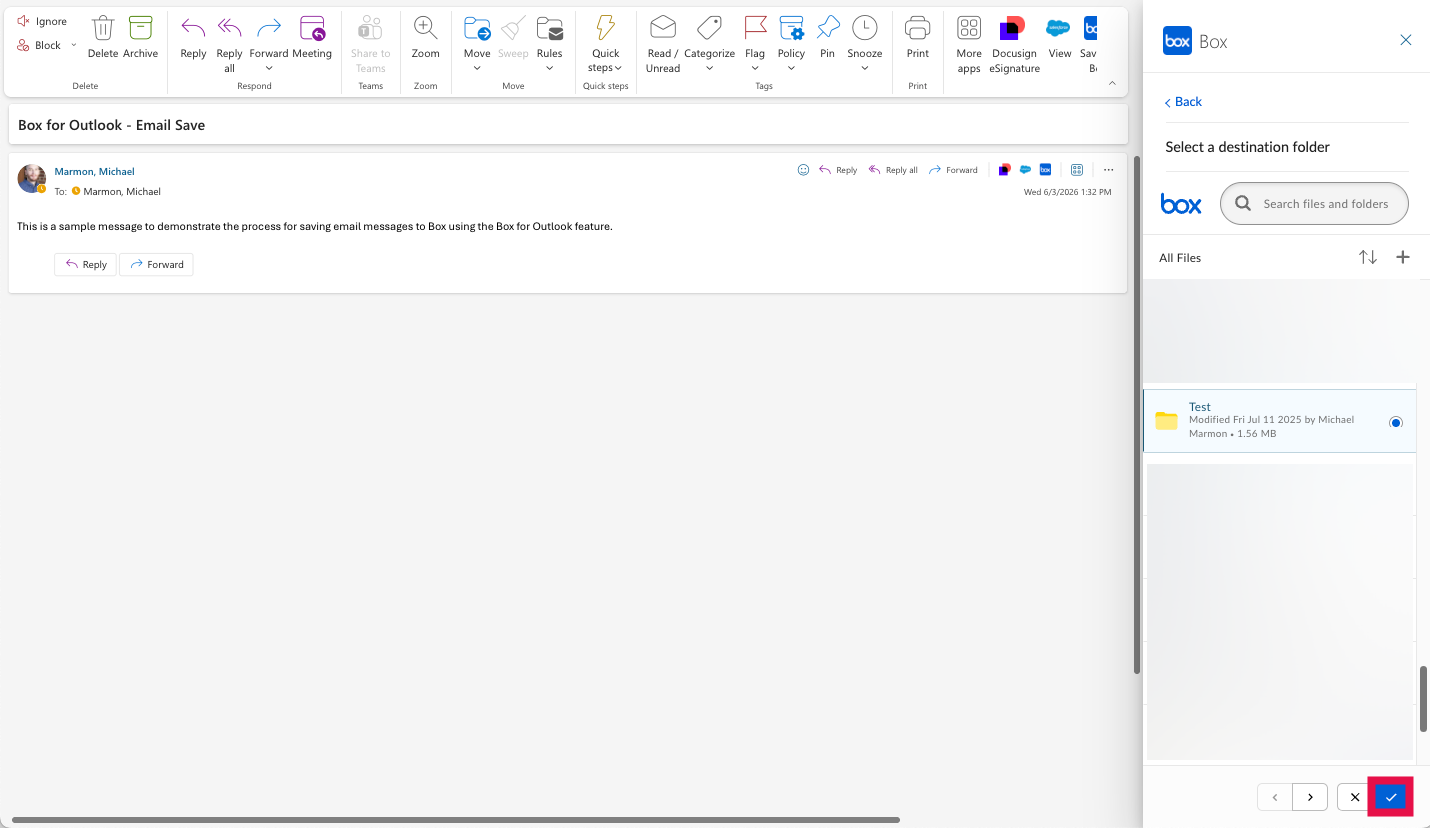 Box for Outlook Panel - Select Checkbox Button to send the file to the selected folder