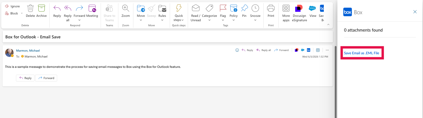 Box for Outlook panel - Save as eml file link selected