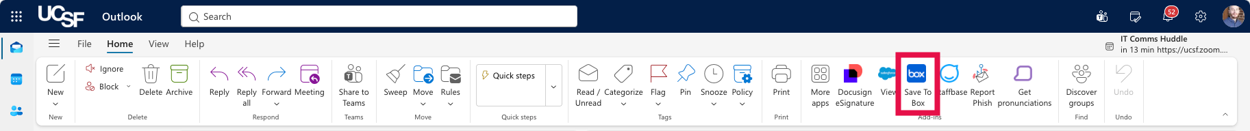 Box for outlook - Click Save to Box Icon