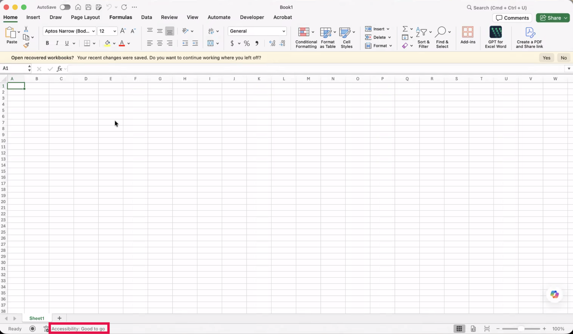 Excel (Desktop) Landing Page (Accessibility Selected)