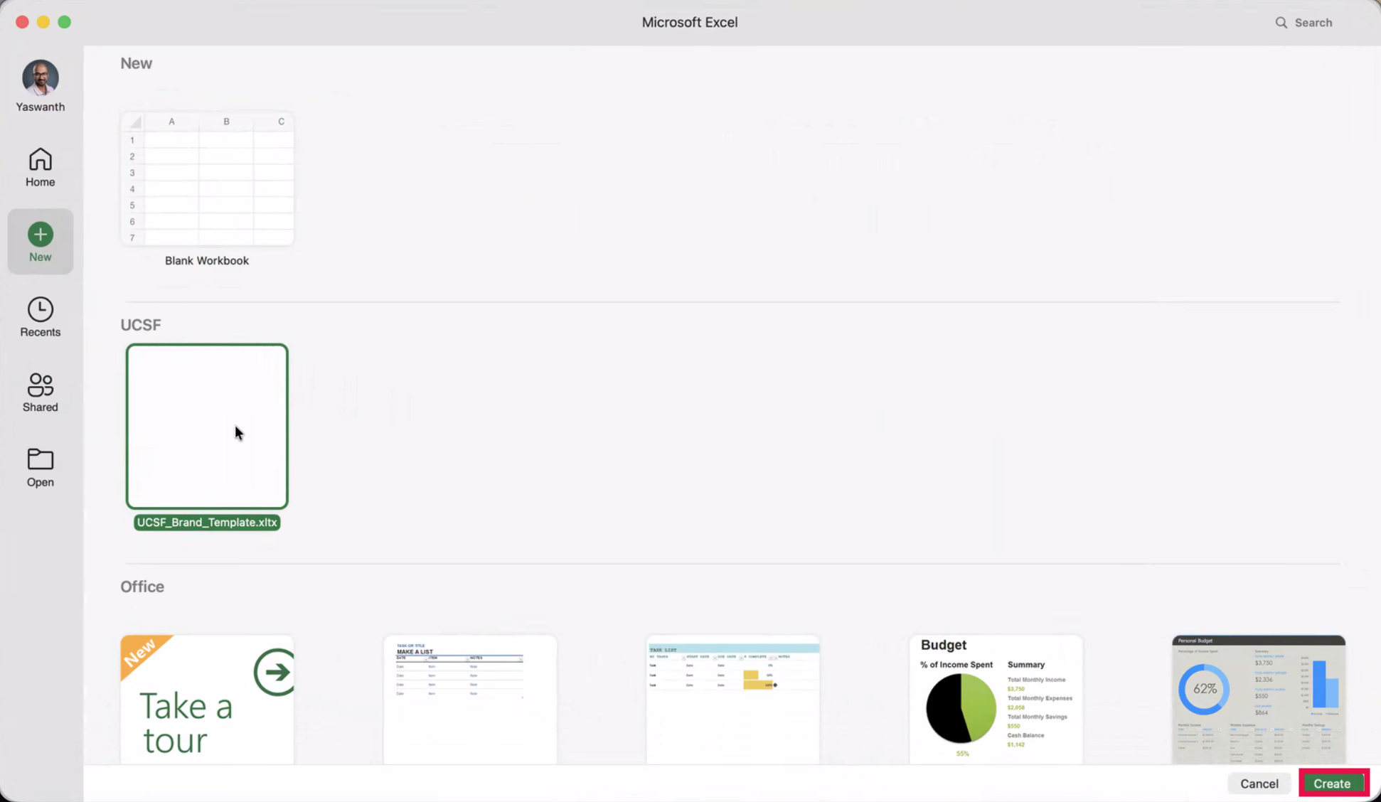 Excel (Desktop) Landing Page (Create Selected)