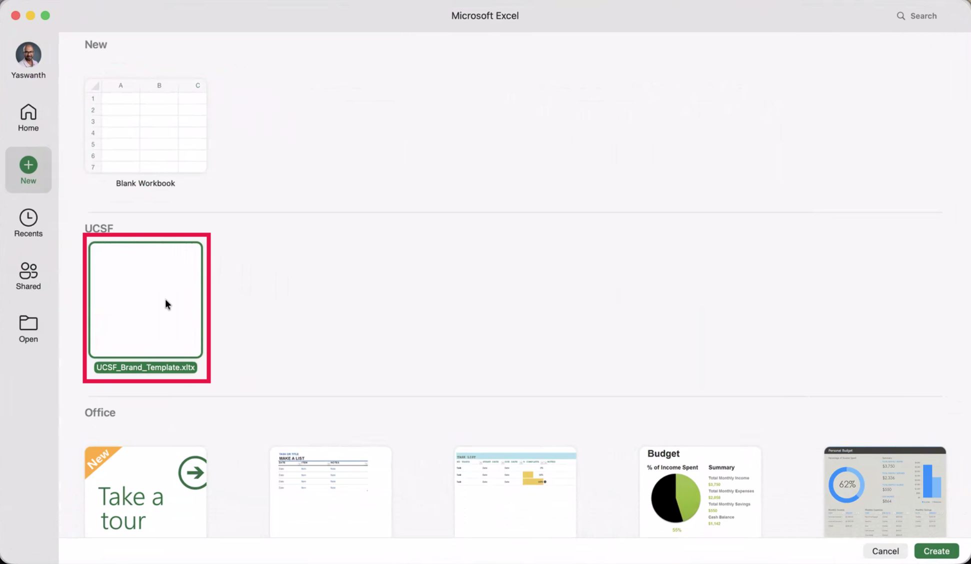 Excel (Desktop) Landing Page (Template Selected)