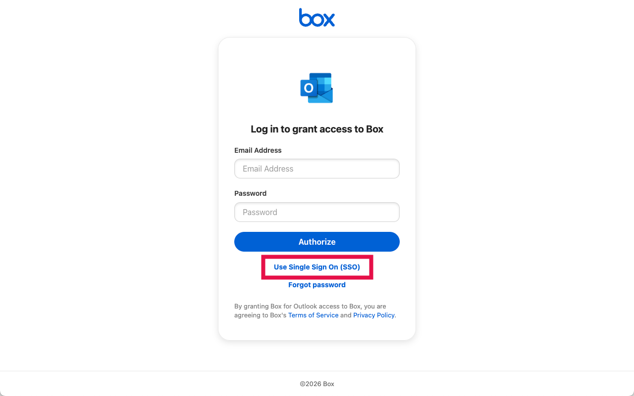 Log in to grant access to Box - Use Single On (SSO)