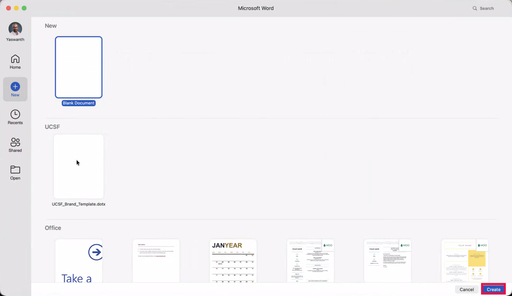 Microsoft Word Landing Page (Template Selected)
