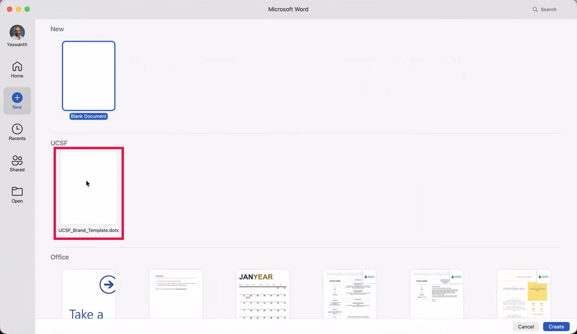 Microsoft Word Landing Page (Template Selected)