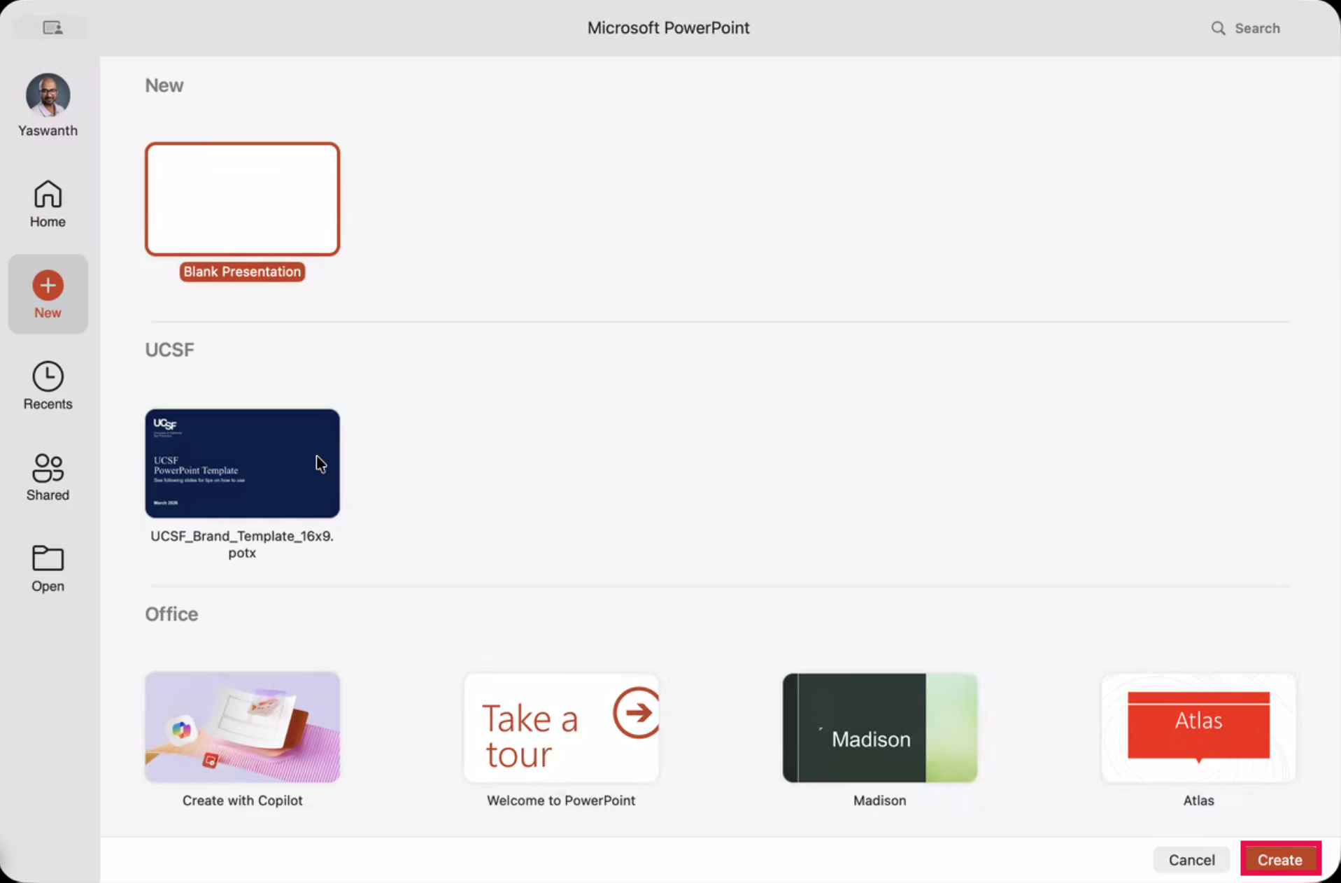 PowerPoint Desktop Landing Page (Create selected)