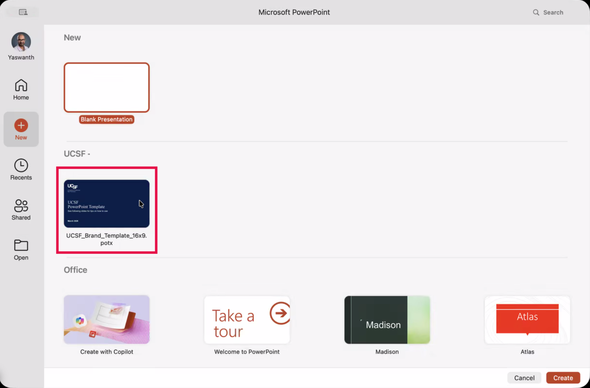 PowerPoint Desktop Landing Page (Template selected)