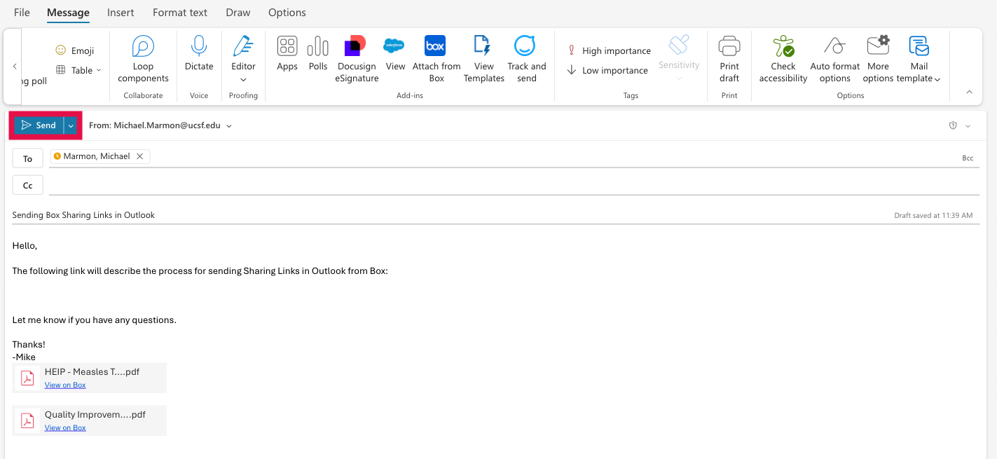 Sending Sharing Links (Send Button Selected)