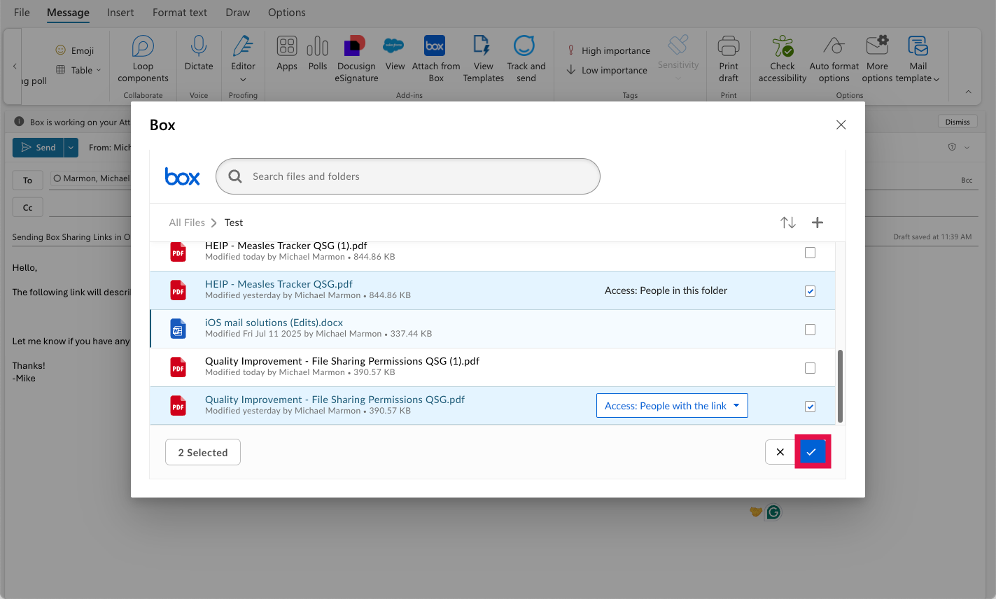 Sharing Links (Checkbox Selected)