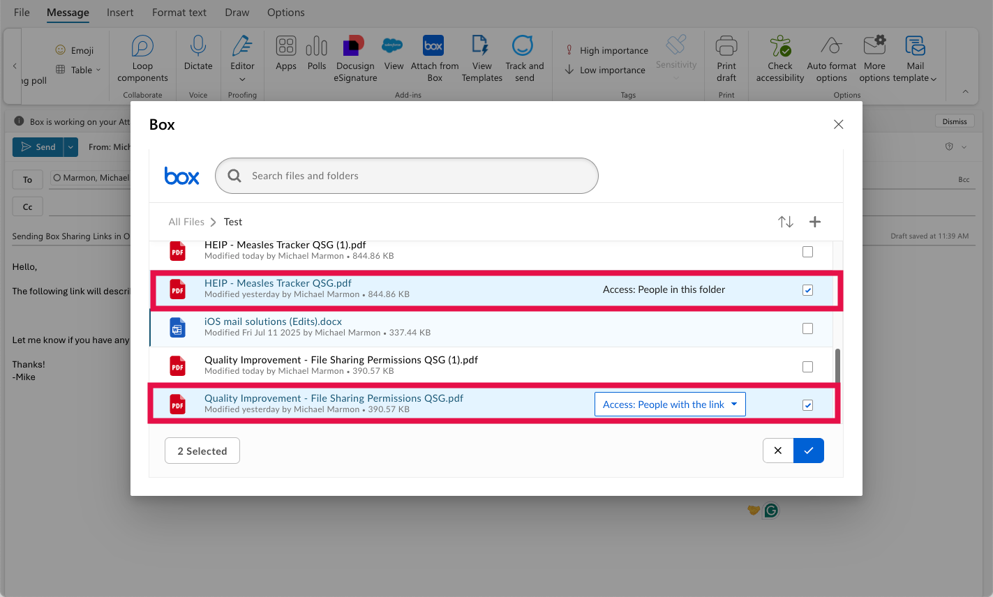 Sharing Links (Files Selected)