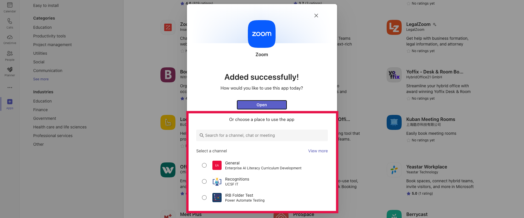 Adding Zoom to Teams (Zoom Card Channel Section Selected)