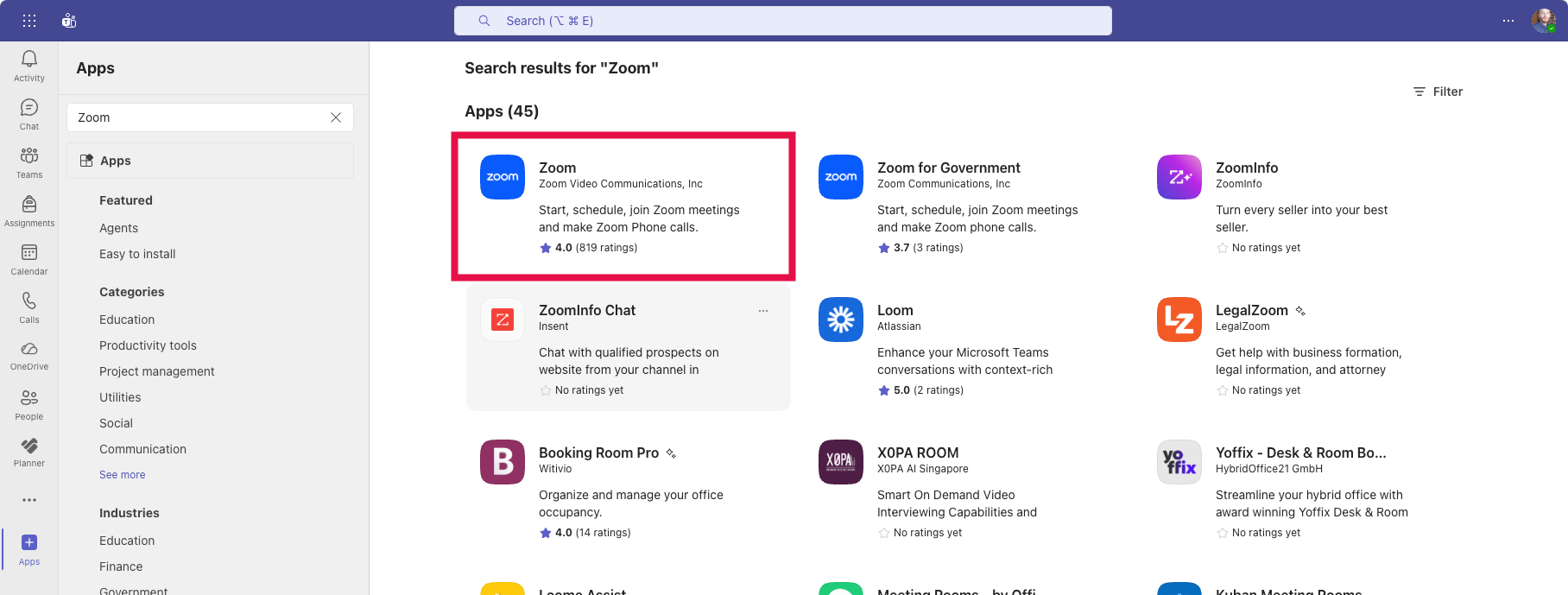Adding Zoom to Teams (Zoom Card Selected)