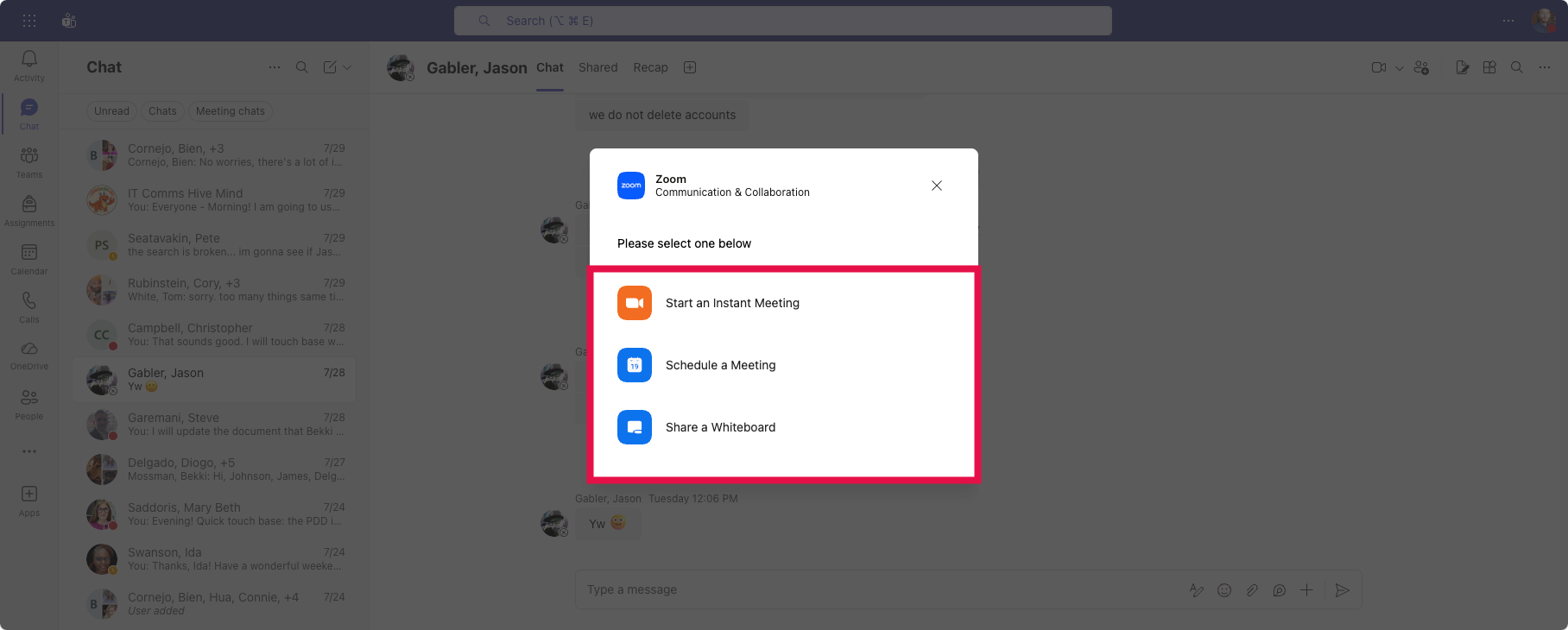 Using Zoom in Teams (Zoom Options Selected in chat)
