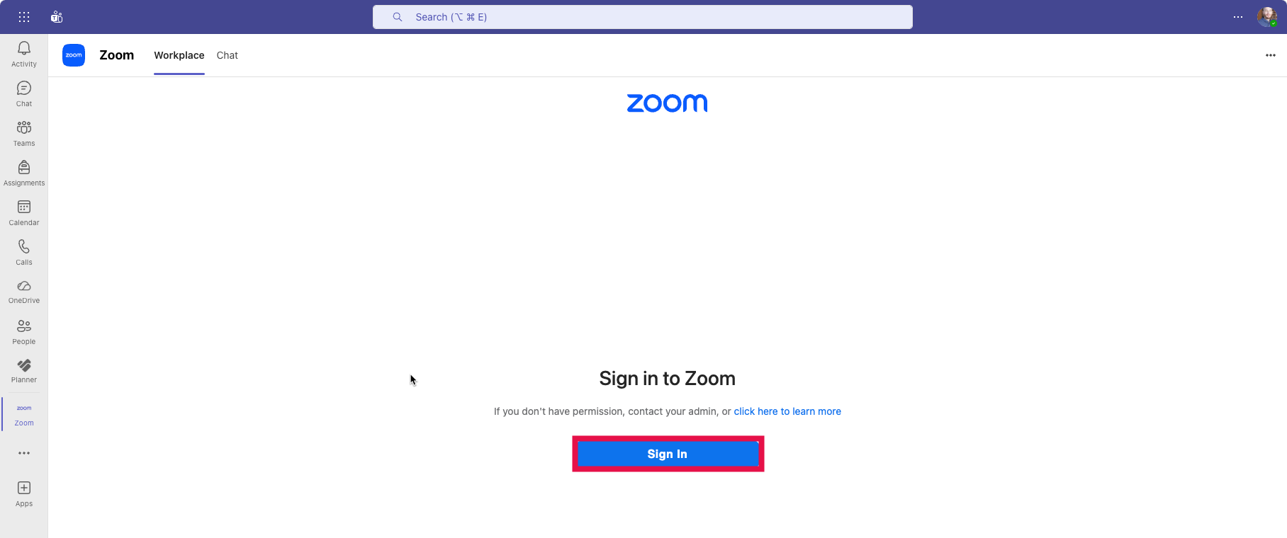 Using Zoom in Teams (Zoom Sign-in Selected)