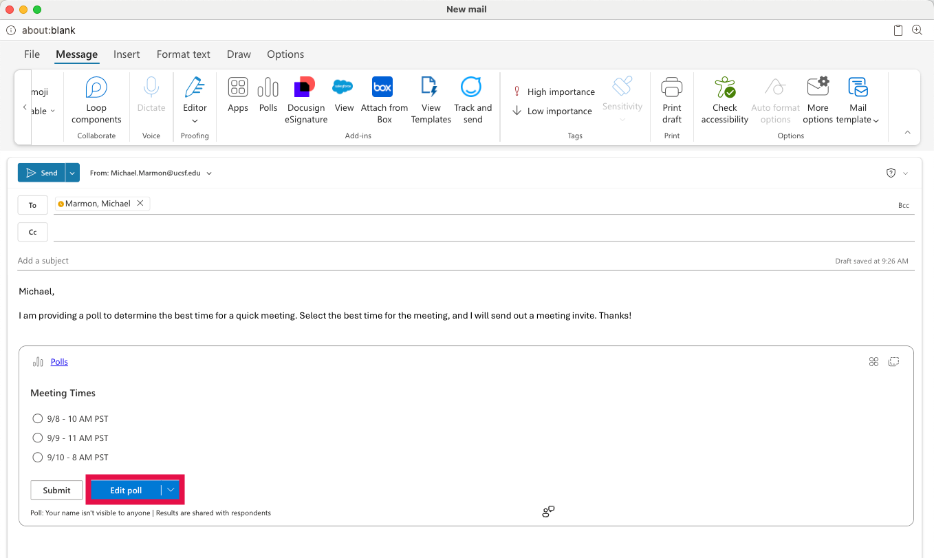 Outlook Poll - Edit Poll Selected