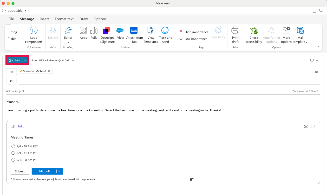 Outlook Poll - Send Button Selected
