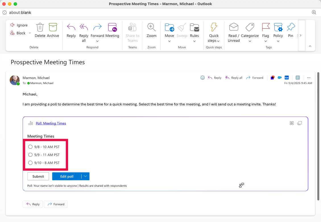 Voting in an Outlook Poll - Select Desired Answers