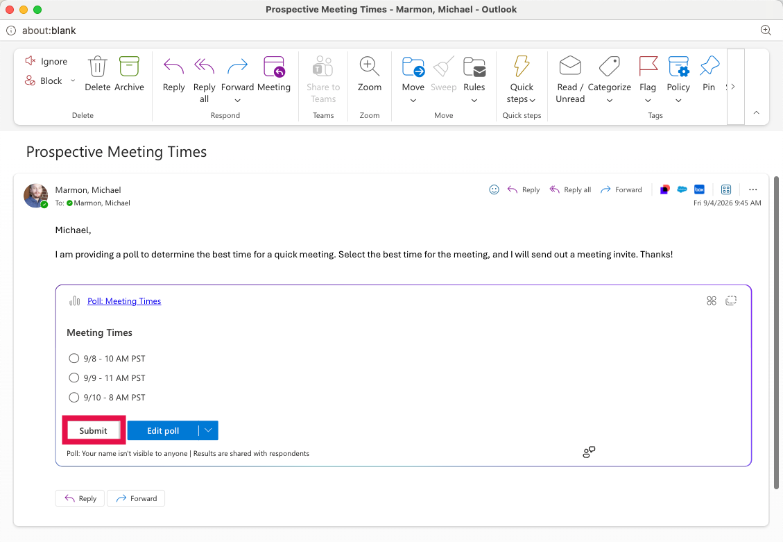 Voting in an Outlook Poll - Submit Selected