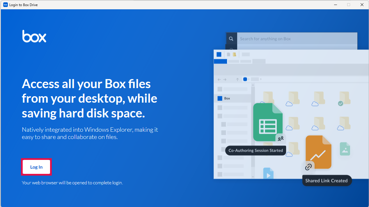 Log into Box (Log In selected)