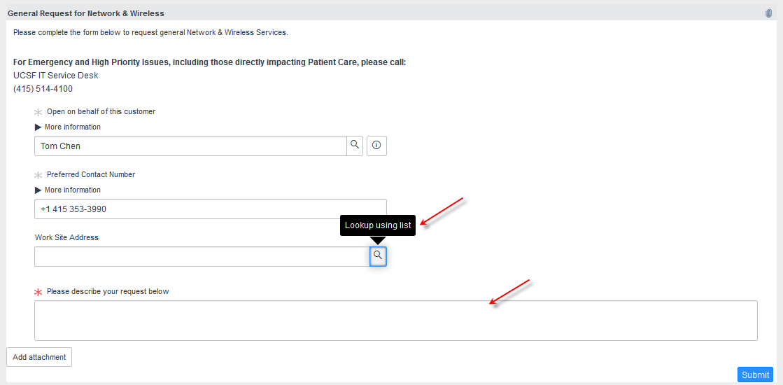 Enter work site address information and request detail screenshot