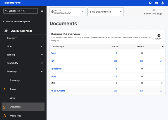 Siteimprove website inventory highlighting Pages, Documents, and Media Files