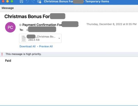 Shows an example of a  Christmas Bonus Phishing Lure
