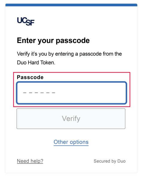 Enter Your Duo Hard Token Passcode