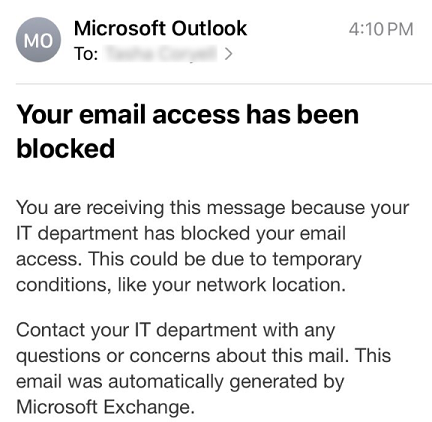 Message saying email has been blocked