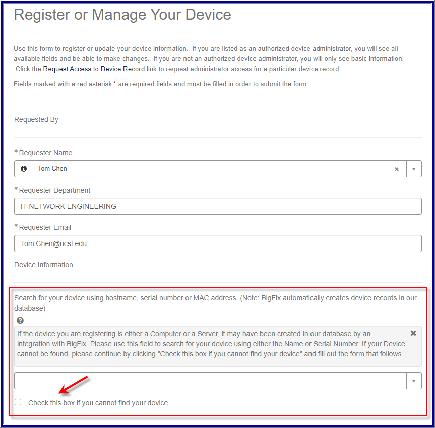 Device Registration form