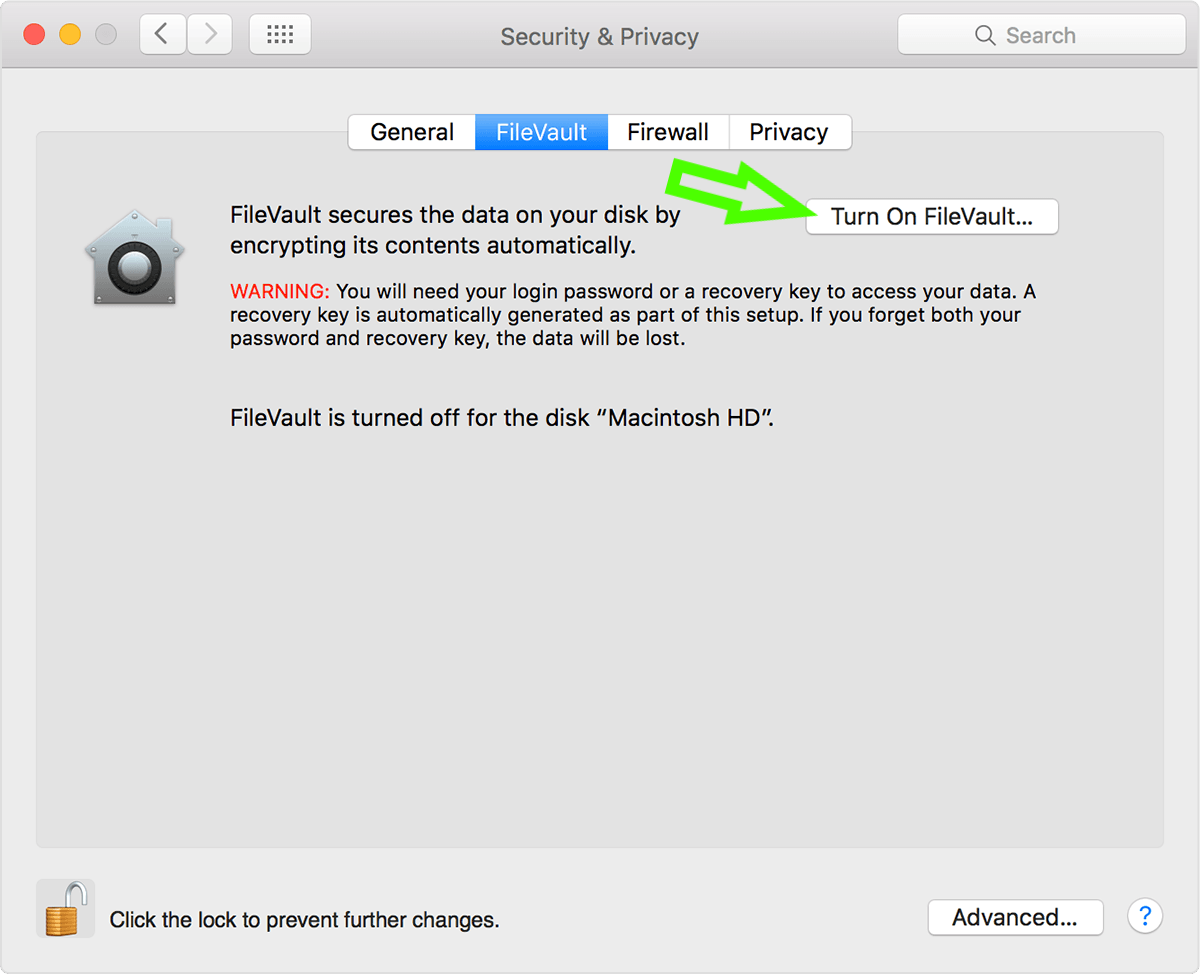 macOS System Preferences - Security & Privacy - Turn on FileVault