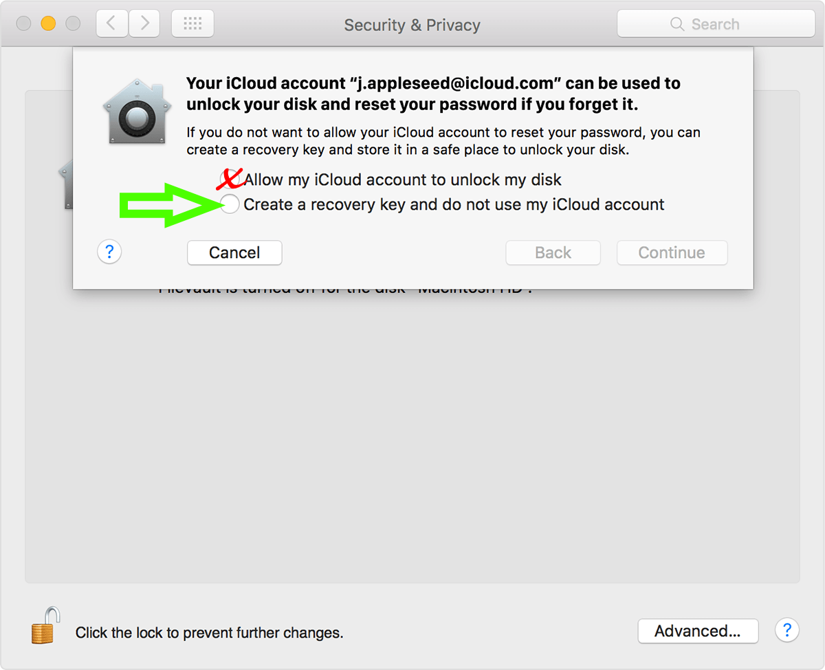 FileVault - Create a recovery key and do not use my iCloud account