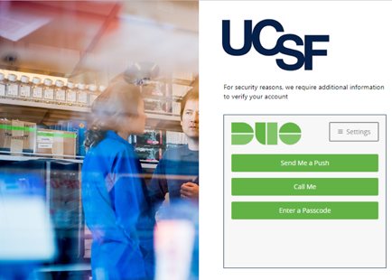 Screenshot of UCSF DUO login screen for Outlook Web Access showing button options to "Send Me a Push", "Call Me", or "Enter a Passcode"