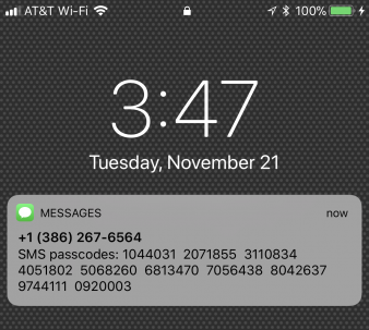 screen capture of Iphone home screen with text message notification containing ten 7 digit passcodes